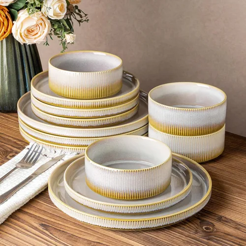 Vista 44 de TheTerra Juego de vajilla de cerámica para 4, juego de 12 platos y cuencos ligeros de porcelana, resistente a los arañazos, apto para horno
