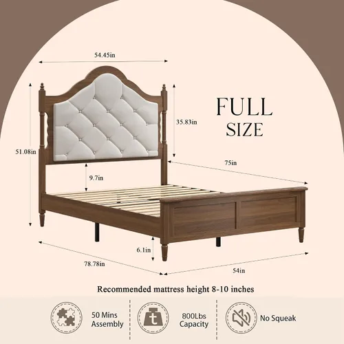 Vista 2 de Full Size Bed Frame with 57 in High Headboard,Solid Pine Wood Platform Bed with Victorian Button Tufted Headboard No Box Spring Needed Noise Free