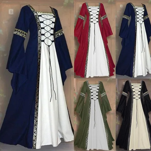 Vista 5 de Vestido medieval para mujer, disfraces renacentistas vintage, vestidos de pirata, campesina, longitud hasta el suelo, vestidos largos de Halloween