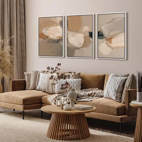 Vista 82 de SIGNFORD - Set de obras de arte en lienzo enmarcado para pared, ilustraciones abstractas de neblina del desierto en tonos neutros beige y marrón