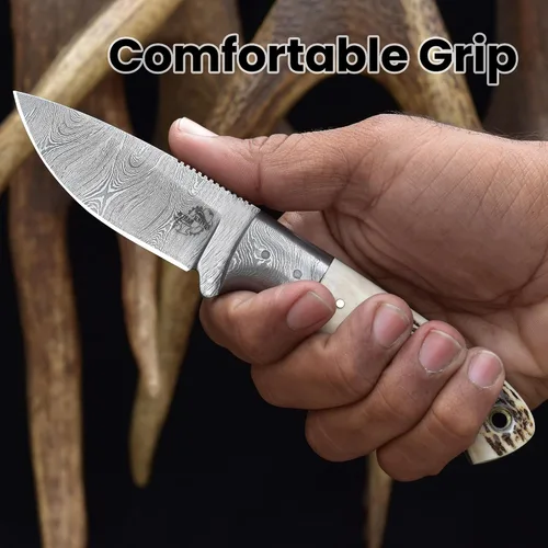 Vista 5 de Knives Ranch BIJOU - Cuchillo de caza EDC hecho a mano, acero de damasco, espiga completa, agarre de asta de ciervo, funda horizontal