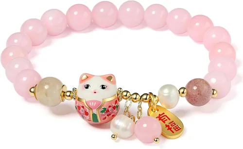 Vista 7 de Pulsera de gato de la suerte con cristal azul, colgante de gato de cerámica, joyería de buena suerte Feng Shui para mujer, pulsera de riqueza