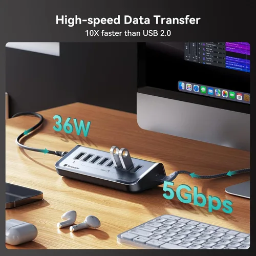 Vista 2 de Hub USB alimentado con cable USB A a C en ángulo recto y cable de extensión USB C, recto, adecuado para APC USB, laptops y consolas