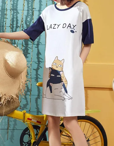 Vista 2 de Camisón de manga corta para niñas grandes, con estampado de gatos encantadores, vestido de dormir