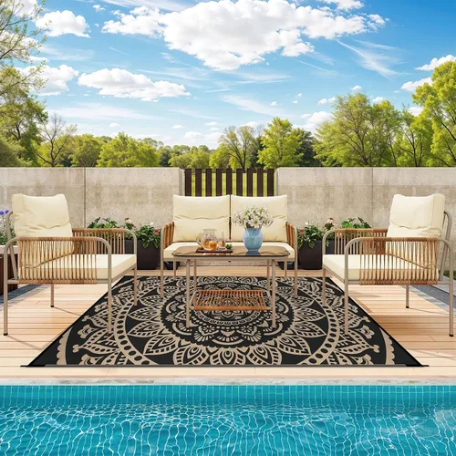 Vista 3 de Bsmathom Alfombra impermeable para exteriores de 5'x8' reversible de pajita de plástico estilo boho para patio, terraza, camping, alfombras para RV
