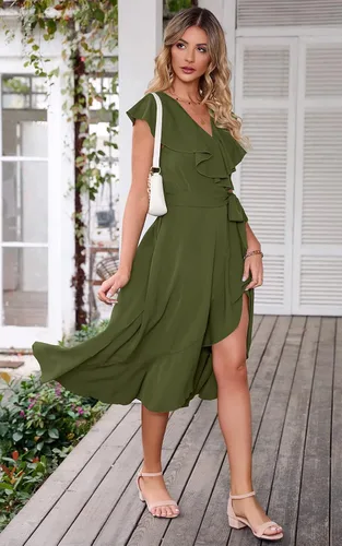 Vista 8 de PRETTYGARDEN - Verano 2024, vestido cruzado por debajo de la rodilla para mujer, con cuello en V profundo, estilo bohemio, floral, manga corta