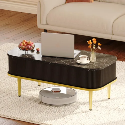 Vista 3 de Mesas de centro rectangulares para sala de estar, moderna mesa de centro acanalada con almacenamiento, mesa de centro pequeña, mesa central ovalada