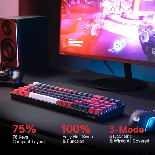Vista 2 de Redragon K628 PRO - Teclado mecánico compacto con 75 de 3 modos 78 teclas teclado mecánico compacto intercambiable en caliente con enchufe PCB