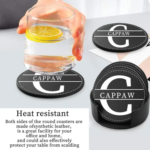 Vista 2 de Posavasos de cuero personalizados para bebidas, juego de 6 posavasos de café personalizados, posavasos personalizados con monograma grabado, regalos