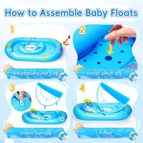 Vista 4 de Baby Float with Canopy- UPF50+ Sun Protection Baby Pool Float，Inflatable Kids Pool Float with Adjustable Safety Seat for 6-36 Months Kids