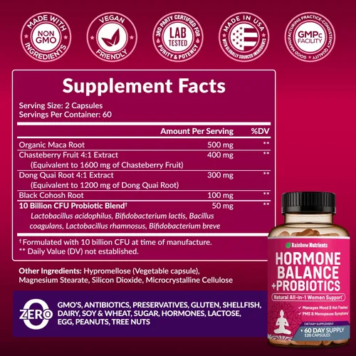 Vista 2 de Equilibrio Hormonal + Probióticos para Mujeres - Alivio Natural de la Menopausia, Control de Peso, Hinchazón, Sofocos, SPM Maca Orgánica