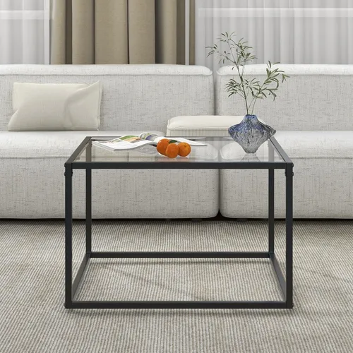 Vista 9 de COSTWAY Mesa auxiliar de cristal, mesa cuadrada de cristal de 27.5 pulgadas con marco de metal, mesa de té central moderna para sala de estar