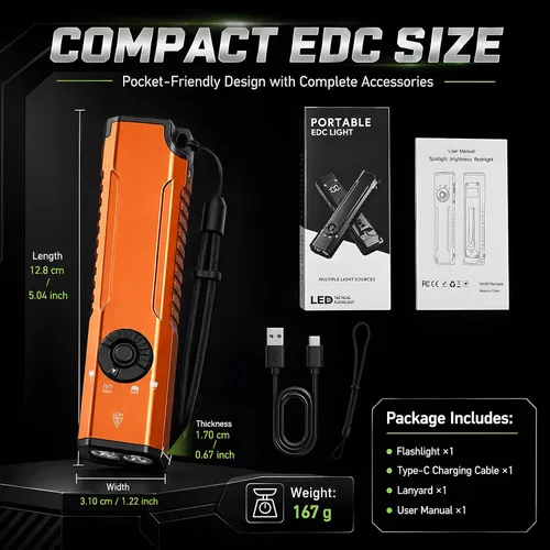 Vista 8 de EDC - Linterna plana recargable, LED blanco UV y luz verde (naranja)