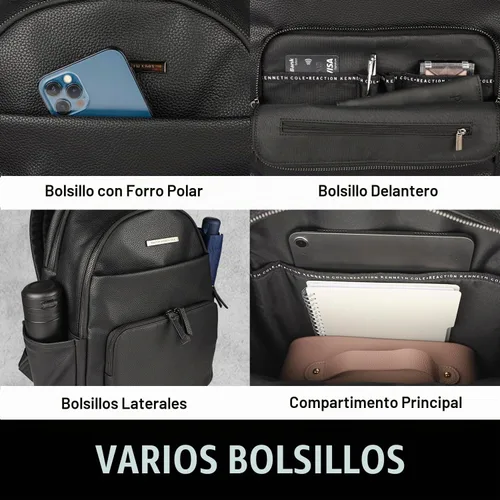 Vista 6 de Kenneth Cole Reaction Marley - Mochila de cuero vegano con doble compartimento para mujer de 15 pulgadas Negro