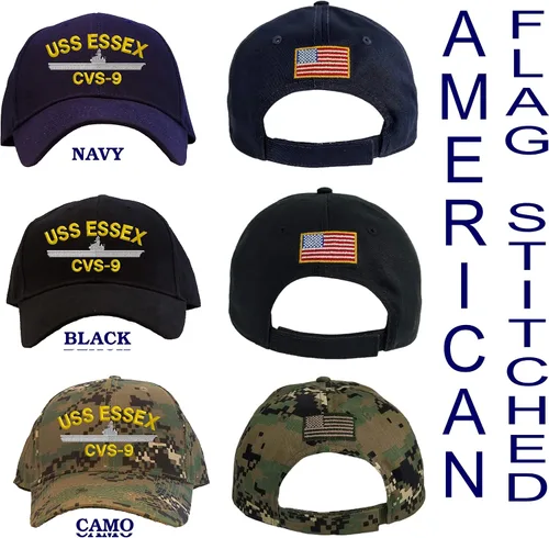 Vista 2 de Gorra de béisbol bordada personalizada USS Essex CVS-9 azul marino, marino