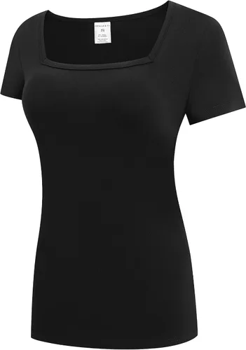 Vista 2 de OThread & Co. Camiseta de manga corta para mujer, cómoda, cuello cuadrado, capa elástica básica