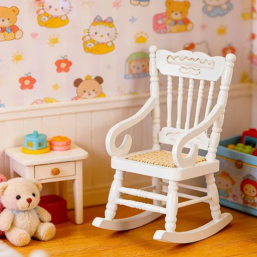 Vista 8 de SOIMISS Mecedora de madera blanca en miniatura, asiento de cuerda de cáñamo, escala 1:12, accesorios para muebles de casa de muñecas, decoración