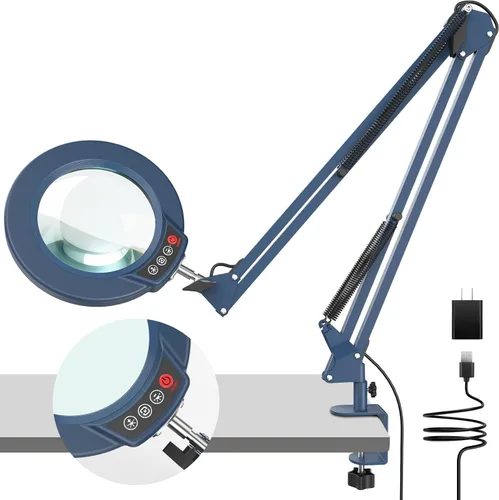 Vista 8 de Coyeth lupa de 10 aumentos con luz y abrazadera, lupa iluminada con soporte de vidrio real, lámpara de escritorio LED regulable sin escalones con 5