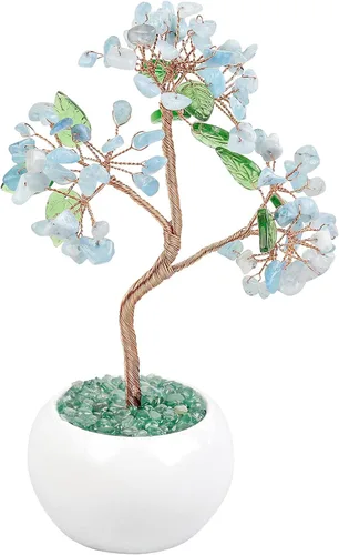 Vista 3 de Rockcloud Árbol de dinero de cristal curativo de aguamarina de 6.5 pulgadas, bonsái Fengshui con base de cerámica para buena suerte, riqueza