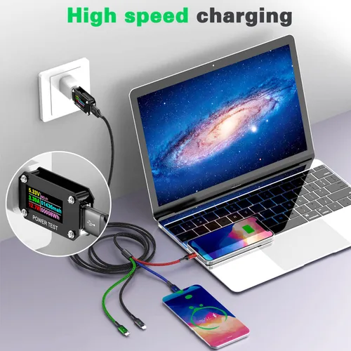 Vista 5 de Cable de carga múltiple de 4A, 5 pies, paquete de 2 cables de carga 4 en 1, cable trenzado múltiple USB C universal con Lightning/tipo C/puerto