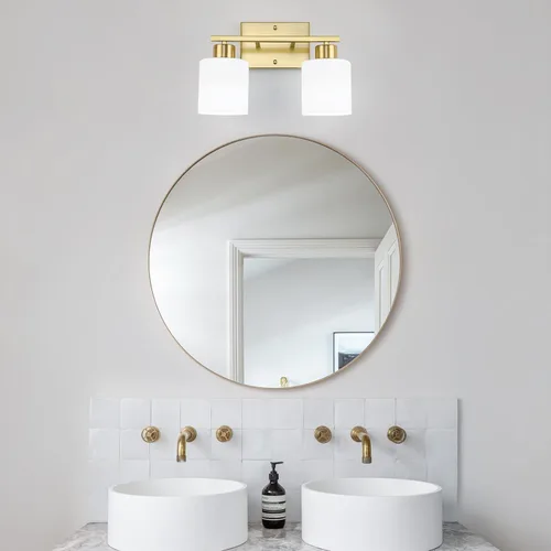 Vista 6 de WILON 2 luces doradas cepilladas, accesorios de iluminación de tocador de baño con pantallas de vidrio esmerilado blanco leche, modernas luces