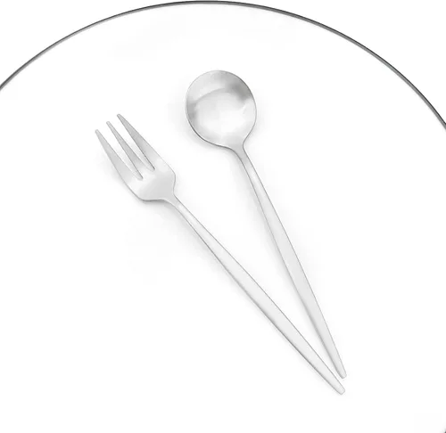 Vista 4 de Juego de 6 tenedores de postre de acero inoxidable de 3 dientes, juego de tenedores para frutas y tartas, 5.31 pulgadas, color plateado