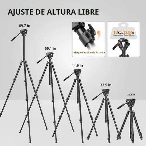 Vista 8 de Trípode con cabeza fluida para videocámara DSLR, monopié trípode de cámara con panorámica de 360° y +90°/-70° de inclinación, nueva cabeza fluida Q6