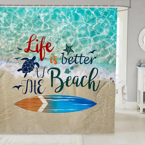 Vista 8 de Erosebridal Cortina de ducha náutica para niños y niñas, juego de cortinas de ducha de baño azul y blanco océano 72 x 72 pulgadas, cortina de ducha