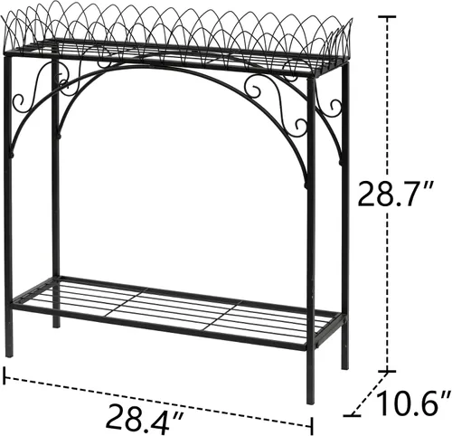 Vista 6 de Estante largo negro de doble capa, soporte de metal estilo patio francés para plantas altas en maceta, soporte resistente para macetas interiores
