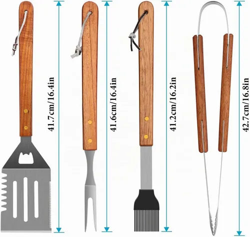 Vista 3 de IMAGE - Juego de 4 accesorios de madera para barbacoa, de acero inoxidable, utensilios para asar al aire libre, cocinar, barbacoa en el patio