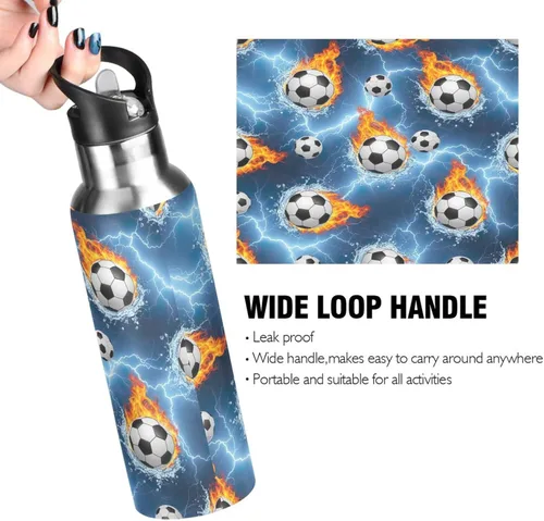 Vista 4 de Stainless Steel Vacuum Insulated Water Bottle 20 Oz, Leakproof Water Bottles for Gym Outdoor Travel School, Soccer Balls Water Flames