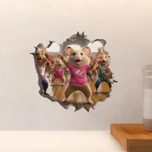 Vista 4 de Cardio Dance Workout Mice in Mouse Hole Calcomanía - Pegatina de pared 3D con agujero de ratón