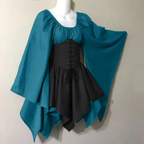 Vista 3 de XUNRYAN Vestido renacentista para mujer con falda corsé, vestido de lujo irlandés, disfraz medieval de Halloween, vestido de hadas de elfo, Negro