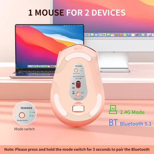 Vista 3 de TENMOS Ratón Bluetooth M7, USB C recargable silencioso inalámbrico