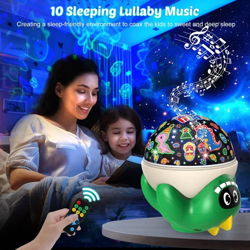 Vista 4 de Proyector de luz nocturna de dinosaurio para niños, juguetes verdes de dinosaurio para niños, luces de estrella con música y temporizador, lámpara