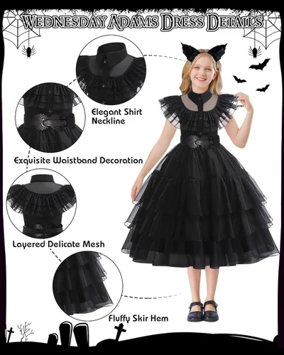 Vista 2 de KISPATTI Wednesday Addams - Vestido para niños, disfraz de Addams para niñas con accesorios para la familia, Halloween, cosplay, fiesta