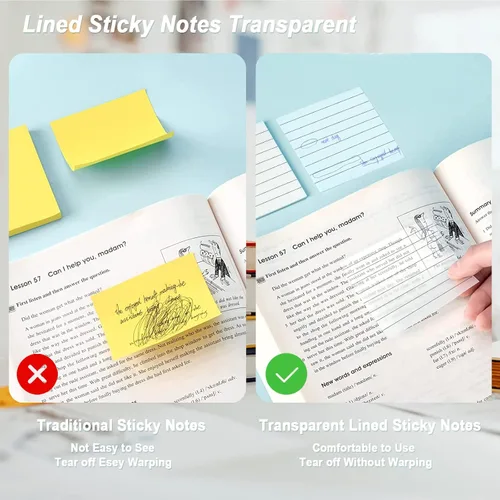 Vista 7 de MIUTME Notas adhesivas forradas transparentes, 7 colores brillantes, notas autoadhesivas transparentes, impermeable y translúcido con línea