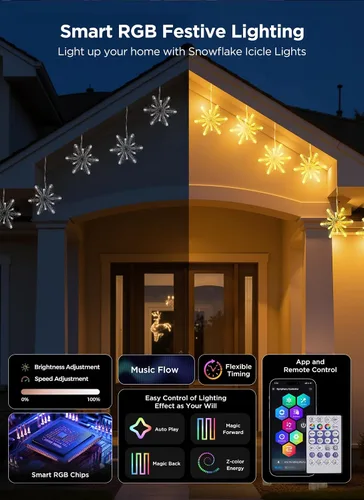 Vista 5 de Brightown - Luces colgantes inteligentes de copo de nieve, 12 pies, 96 ledes, 8 gotas, sincroniza con música, control desde la app, impermeable, más