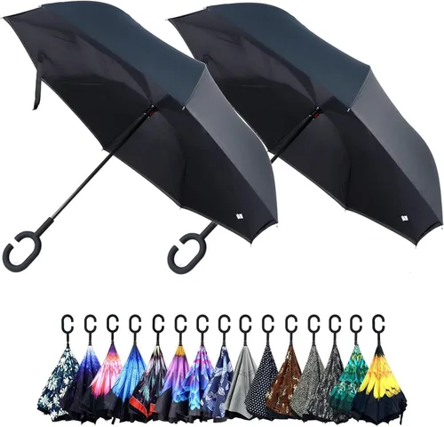 Vista 2 de Paraguas invertido negro de doble capa, mango en forma de C, plegable, resistente al viento, para hombres y mujeres