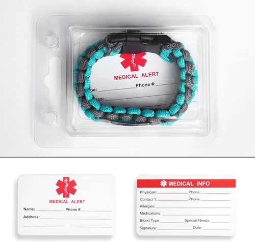 Vista 13 de Pulsera de alerta médica Paracord para hombres y mujeres Pulsera de identificación médica de acero inoxidable con hebillas de liberación lateral