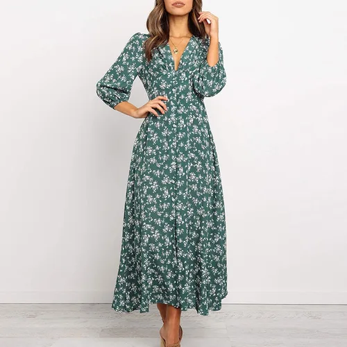 Vista 2 de Vestidos hawaianos para mujer, vestido de playa bohemio floral elegante de verano 2023, con cuello en V cruzado, vestido largo fruncido y fluido