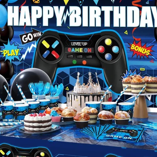 Vista 5 de Tatuo 152 piezas de suministros para fiesta de cumpleaños de videojuegos, cubierta de mesa para fiesta de jugadores, telón de fondo de feliz