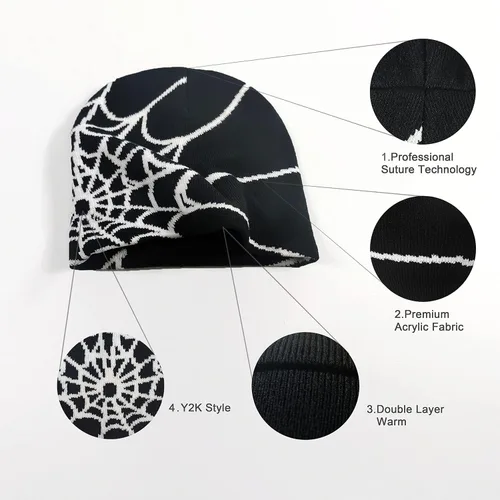 Vista 5 de Y2k Beanie para mujer, gorro de tela de araña Y2k, regalo ideal para el invierno