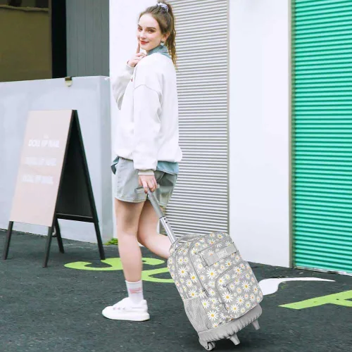 Vista 3 de AGSDON Mochila con ruedas para niñas, bolsa de libros con ruedas enrollables, mochila escolar con ruedas para computadora portátil con ruedas