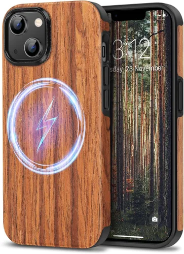 Vista 10 de TENDLIN Funda magnética para iPhone 13 Pro - Funda híbrida de TPU de cuero de grano de madera con compatibilidad MagSafe