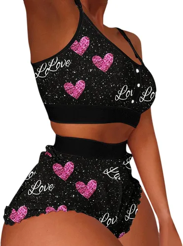 Vista 5 de XINSHIDE Pijama de San Valentín para mujer, suave estampado de corazón, camisola y pantalones cortos, conjunto de dos piezas con volantes, ropa