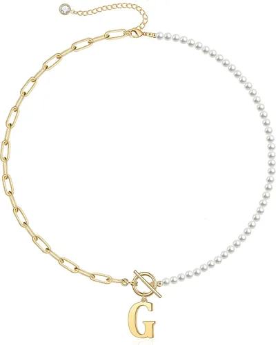 Vista 13 de Yoosteel Collar de perlas con inicial para mujer, gargantilla de cadena de perlas delicadas, collares con iniciales para mujer, cierre de palanca