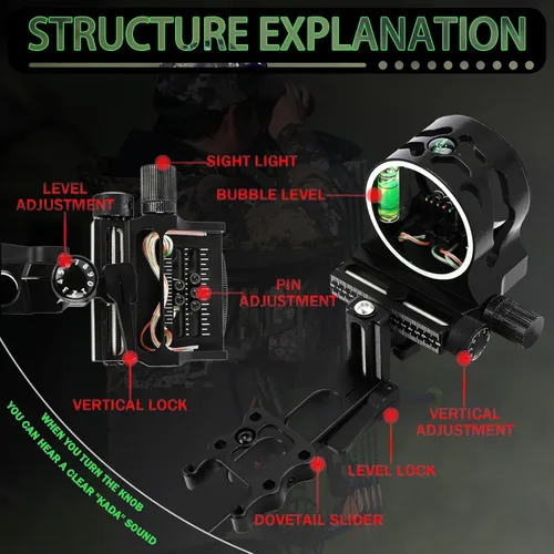 Vista 5 de 5-Pin Compound Bow Sight - with Level & Height Micro-Adjustable, Aluminum Alloy Hunting Sight for Right/Left Hand, Includes Sight Light & Tools