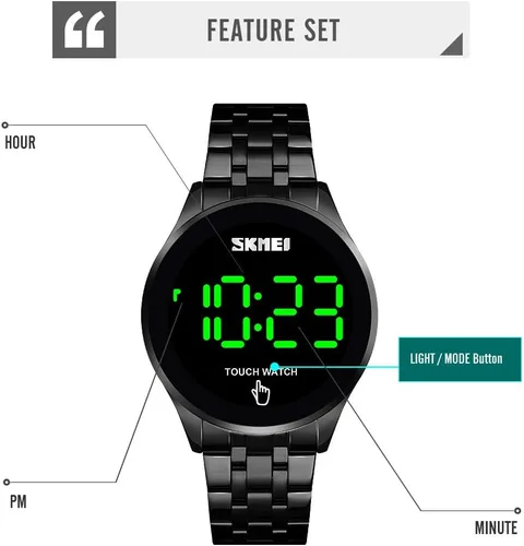 Vista 6 de PASOY Reloj digital LED con pantalla táctil, retroiluminación verde, acero inoxidable, impermeable, casual, deportivo, para hombres, mujeres y niños