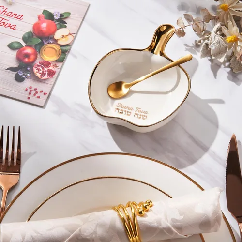 Vista 5 de Rosh Hashanah - Juego de platos de miel en forma de manzana dorados, regalos de fiesta de anfitriona judía de Año Nuevo, accesorios de cocina